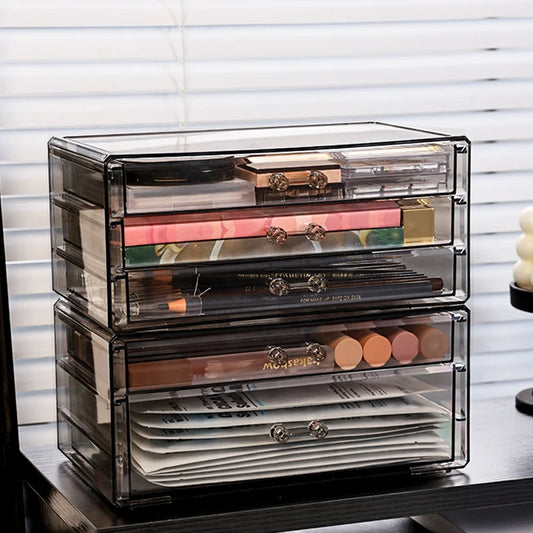1pc Desktop Drawer Style Acrylic Transparent Black Cosmetics Storage Box Desktop Stackable Office Supplies Skincare Organizer