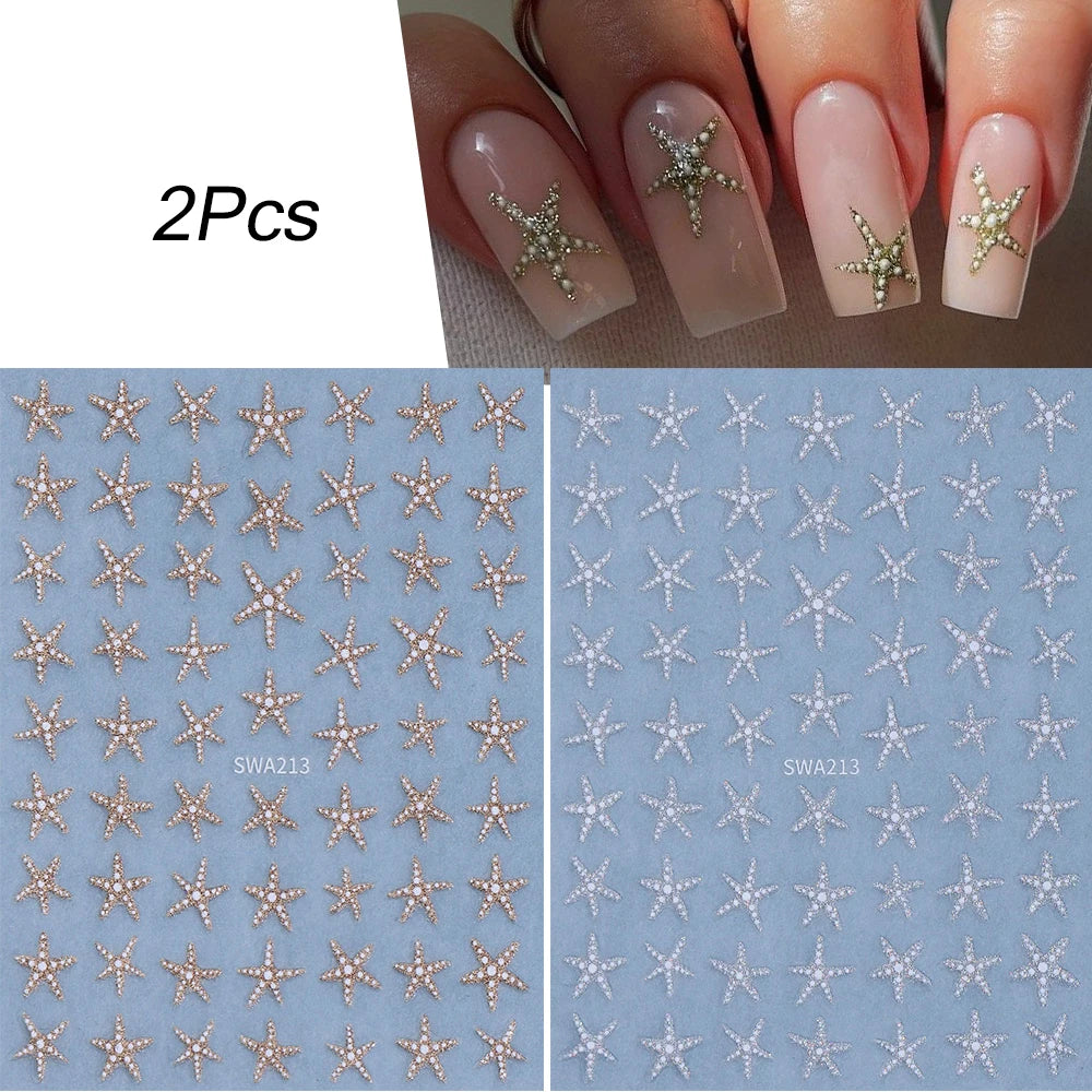 2pcs Summer Sea Star Nail Art Stickers Gold Silver Glitter Shell Starfish Nail Decals for DIY Manicure Soap Nail Decorations