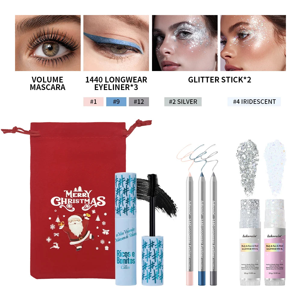 Christmas Cold Tone Eye Makeup Set Gel Glitter Stick Eyeliner Pencil Mascara Waterproof Long Lasting Smudge Proof for Party Gift