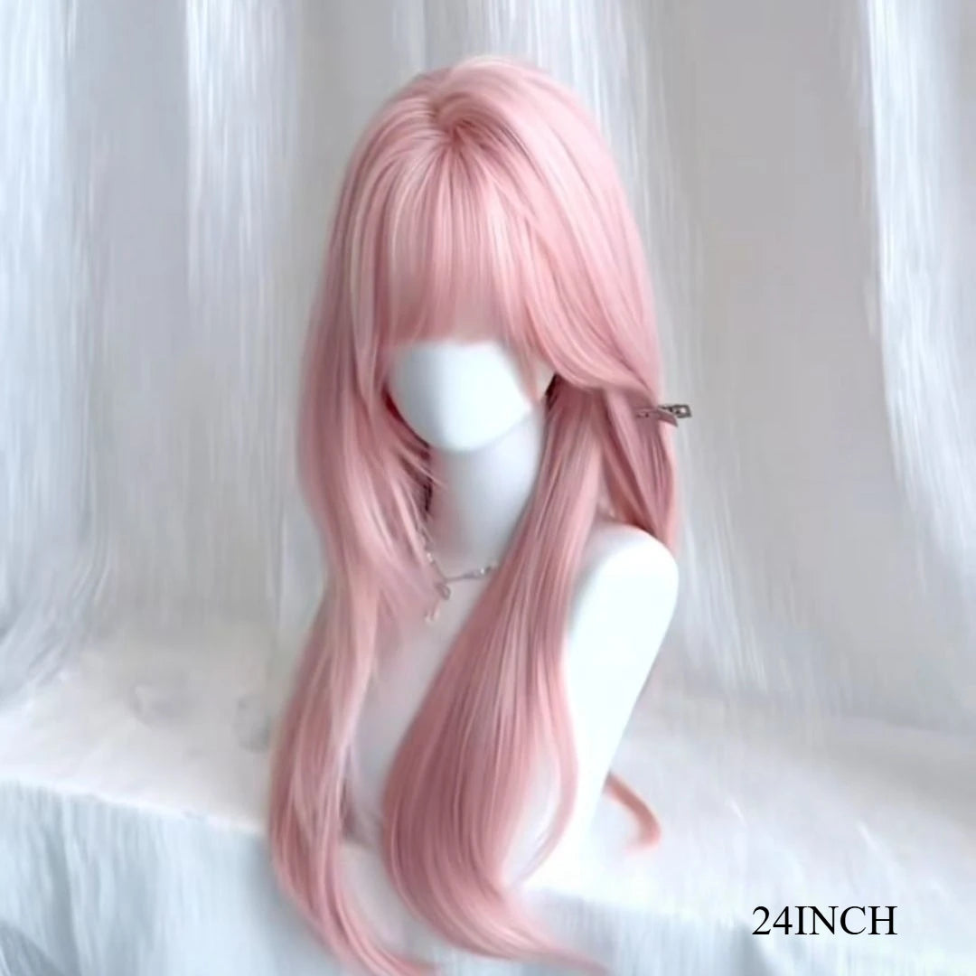 Ashely Pink Wig for Women Hair Wig with Bangs High Temperature Fibers Lolita Cute Layered Wig Synthetic Wigs Headband 가발 Парик