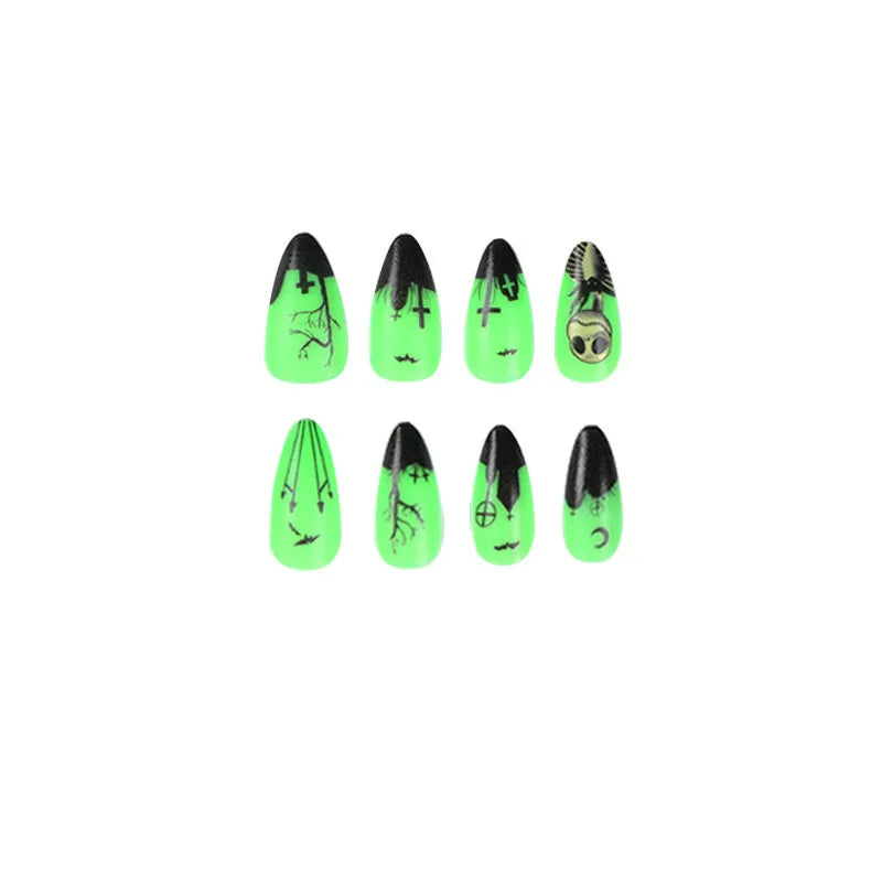 24Pcs Noctilucent skull Fake Nails Almond Long Press On Nails Black Ghost Reusable False Nails Halloween Wearing Nail Decoration