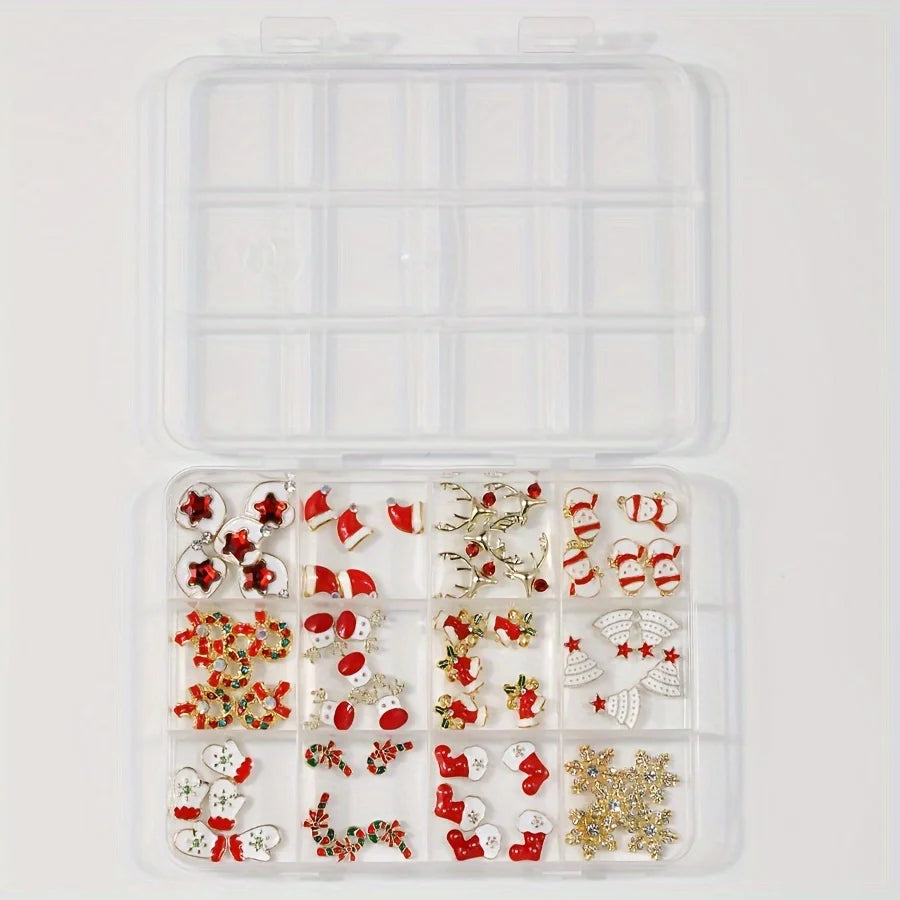 12 Grids Christmas Alloy Nail Charms Mixed Santa Hat Reindeer Snowflake Candy Cane 3D Rhinestone Enamel Ornaments Holiday DIY Nail Decor