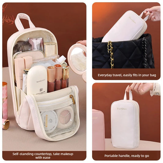 Stand-Up Flap Cosmetic Pouch Portable for Business Trips Makeup Bag Medicine Storage Pouch PU Makeup Brush Storage Cosmetic Bags