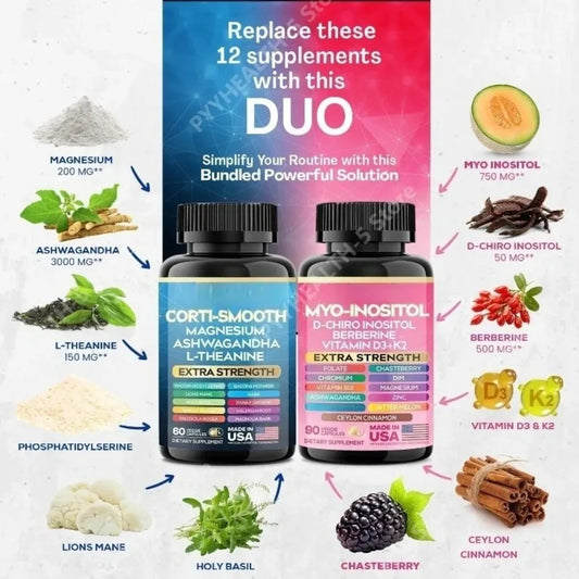 Cortisol & Myo-Inositol Supplement Bundle, Soothe & Smooth Bundle, 13-in-1 Cortisol Balance, Magnesium, Ashwagandha, L-Theanine