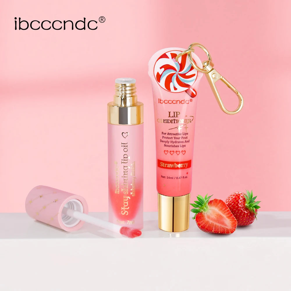Christmas Gift 3Pcs Glossy Lip Gloss Set Strawberry Lip Balm And Lip Gloss Combo Long Lasting Hydrating Plump Lips