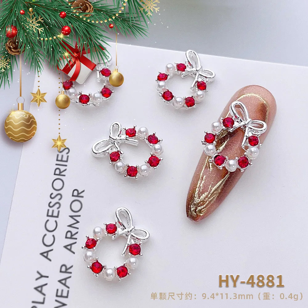 Luxury Christmas Wreath Nail Art Charms Pink Bow Pearl Diamond Gold Silver Alloy Nails 3D Decoration Jewelry for Manicure Design