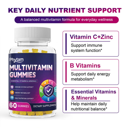 PHYTAM Adult Multivitamin Bear Gummies 14 in 1 Vitamins Minerals Complex Vitamin C Zinc B D Energy Metabolism Immune Daily Nutritional Support 60 Counts