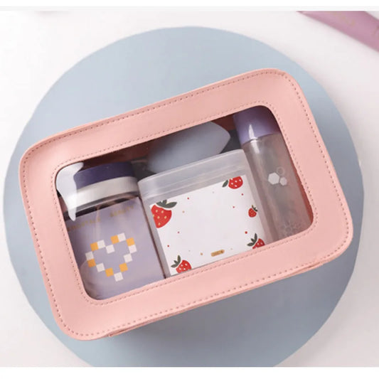 LUSQI Minimalist Transparent PVC Waterproof Cosmetic Leather Makeup Bag Travel Portable Toiletry Bag