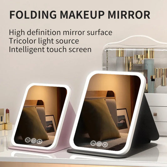 Makeup Mirror LED Dimmable Portable Foldable Design with Touch Screen 3 Colors Light Stepless USB Charging for Beauty Fashion