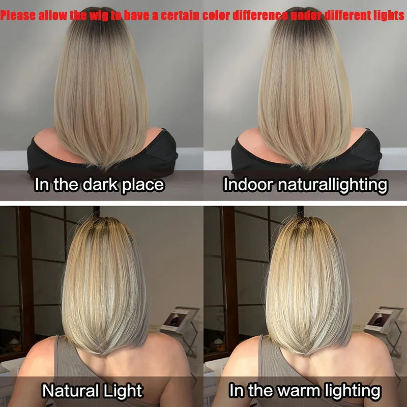 Highlighted bob short straight hair synthetic wig, suitable for white women's daily wear wig accessories