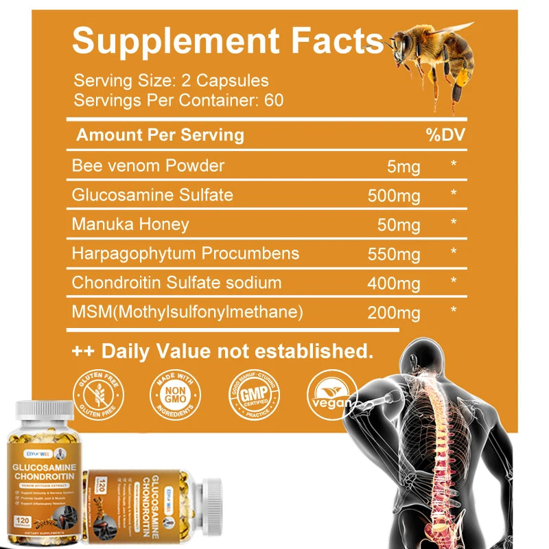Bee Venom Glucosamine Chondroitin MSM Capsules - Joint Health Supplement for Mobility, Flexibility and Joint Pain Relief