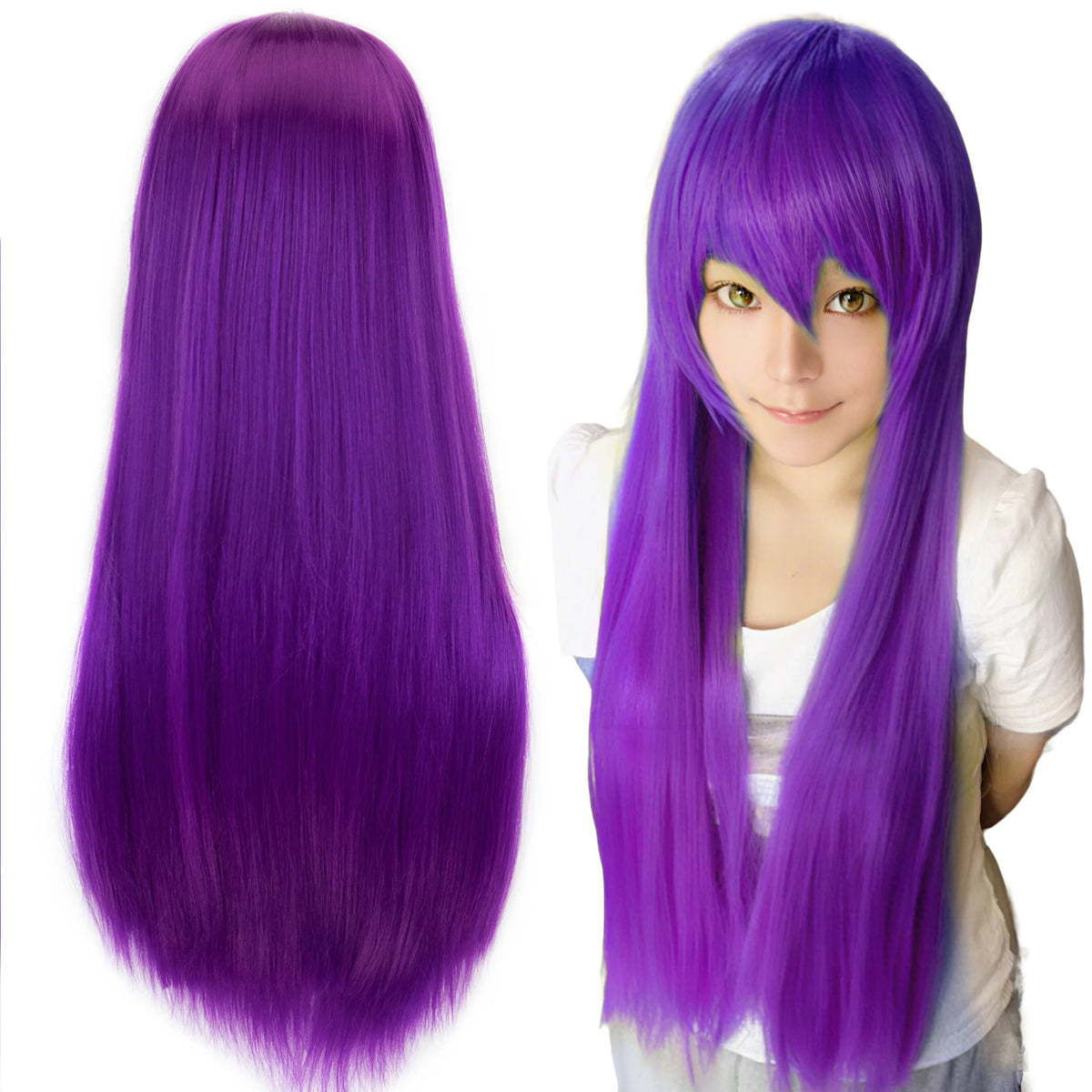 80cm Straight Synthetic Cosplay Wig White Purple Green Silver Pink Lolita Hairpiece with Bangs Long Wigs