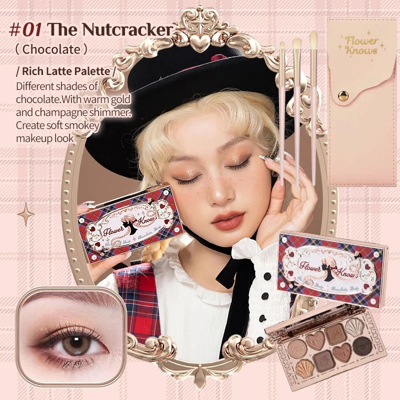 Flower Knows Chocolate Shop Highly Pigmented Eyeshadow Palette Shimmer Matte Glitter Long Lasting Vegan Eye Shadows Cruelty-free