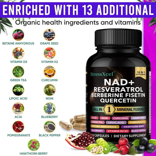 NAD+ Supplement with Resveratrol & Quercetin - Boost NAD+ Levels, Energy & Anti-Aging Support - Vegan, 120 Softgels
