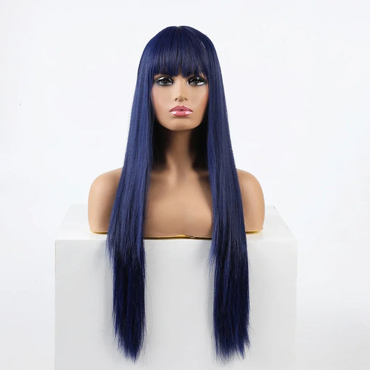 Synthetic Replacement Hair Wig With Bangs Blue Color Heat Resistant Wigs for Fashion Women