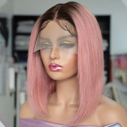 Ombre Pink Bob Wig Straight Lace Front Human Hair Wigs For Women Short Bob Transparent Lace Wig Bleached Knots Pre Plucked
