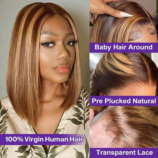 100% Human Hair Highlight Bob Wig Human Hair Straight 13x4 HD Transparent Lace Front Wigs 4/27 Colored Short Bob Wigs For Women