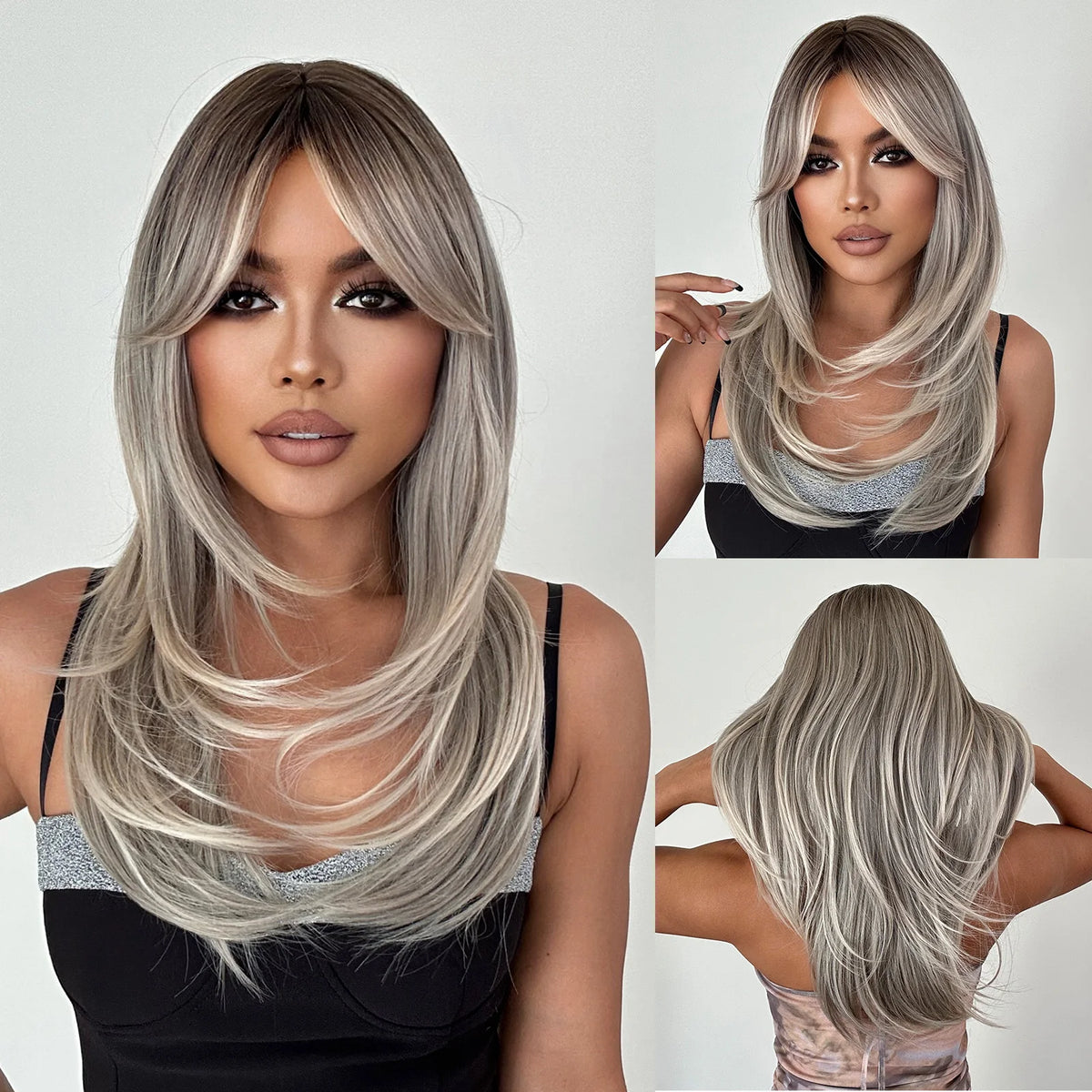 Synthetic Long Blonde Layered Wigs for Women Wig with Bangs Natural Looking Straight High Temperature Hair for Daily Christmas