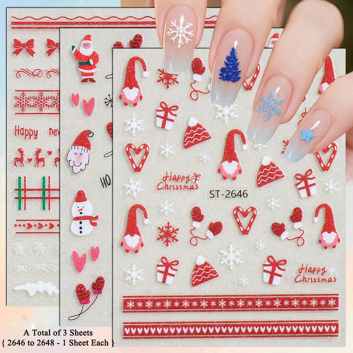 3 to 12 Sheets 3D Christmas Santa Snowman Reindeer Tree Snowflake Lights Gnome Self-Adhesive Nail Art Stickers