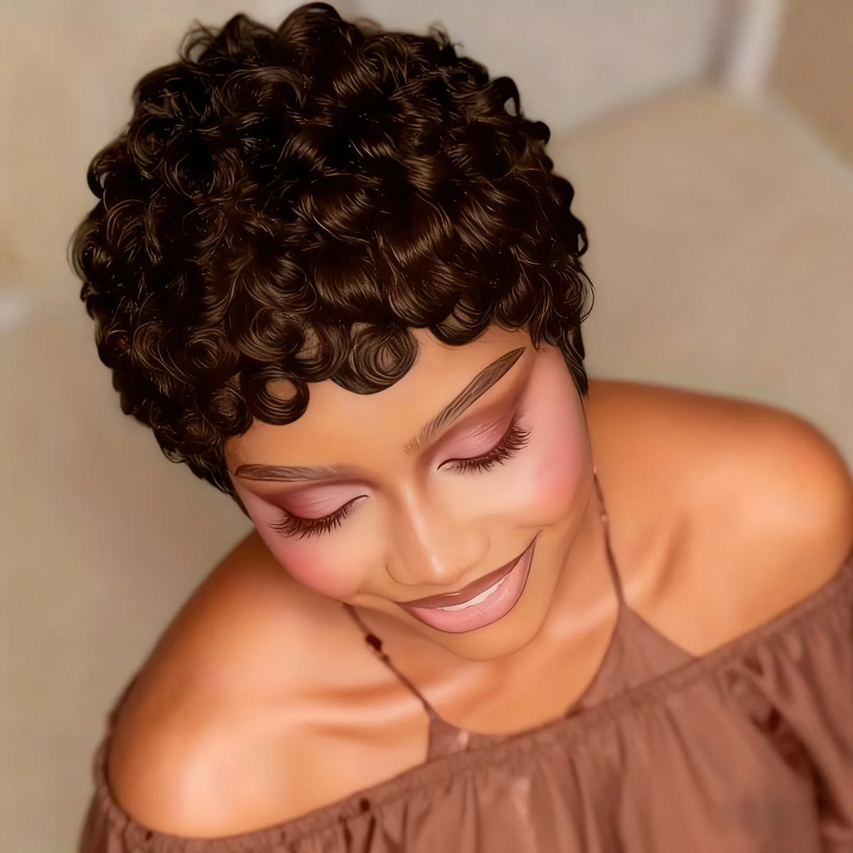 Layered Short Loose Curly Pixie Cut Human Hair Wig With Bangs Full Machine-Made Wig for Women