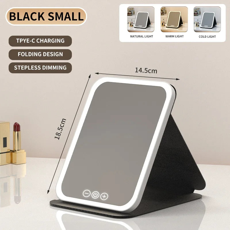 Makeup Mirror LED Dimmable Portable Foldable Design with Touch Screen 3 Colors Light Stepless USB Charging for Beauty Fashion