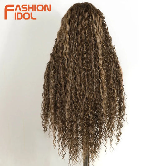 FASHION IDOL Twist Box Braided Lace Wigs Synthetic Brown 13X4 Lace Frontal Wigs For Black Women Goddess Faux Locs Braids Wigs