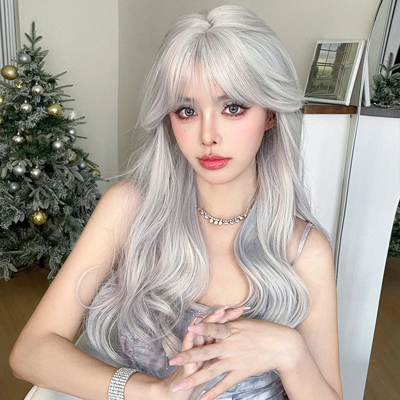 NAMM Costume Wig Synthetic Body Wavy Dark Brown Wig For Women Daily Use High Density Layered Hair Wigs With Fluffy Bangs