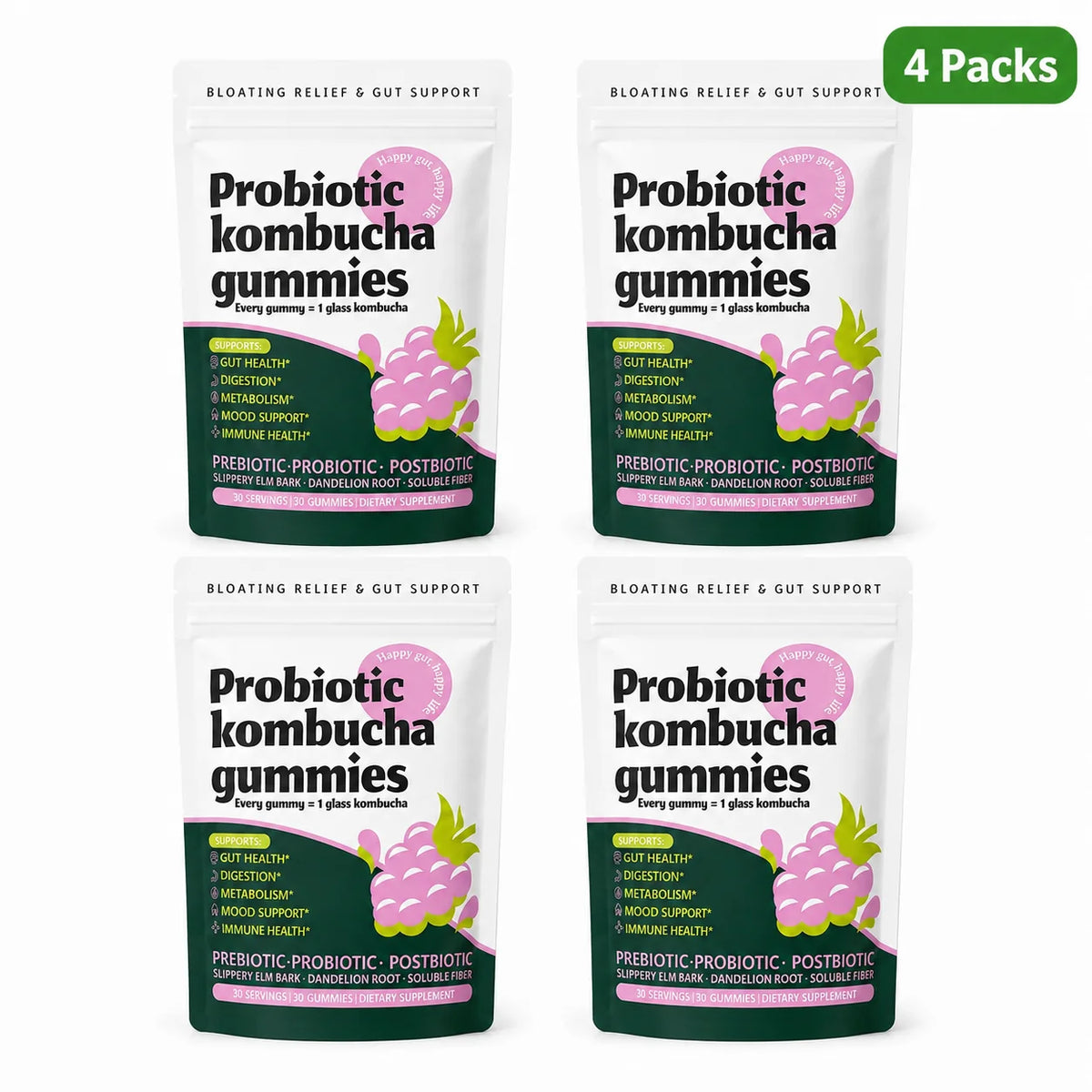 Probiotic Kombucha Gummies Berry 30 Ct Prebiotic Postbiotic Gut Health Digestion Bloating Relief Immune Vegan Non-GMO Supplement
