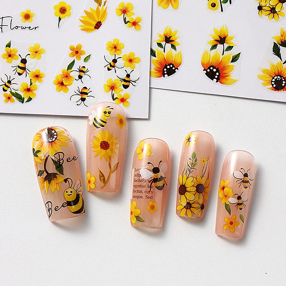Bee Sunflower Floral Nail Art Stickers with Yellow Daisy Flower Garden Nail Decals Self-Adhesive Sliders DIY Nail Supplies