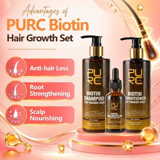PURC Biotin Hair Growth Oil Shampoo Conditioner Sets Keratin Smoothing Hair Loss Treatment for Men Women Hair Care Products