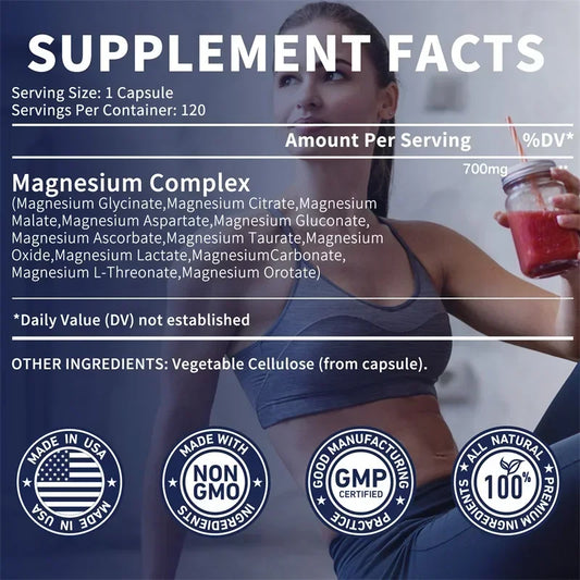 Magnesium Complex Capsules - Supports Bone, Digestive and Sleep Health, Relieves Leg Cramps, Soothes Nerves and Boosts Energy