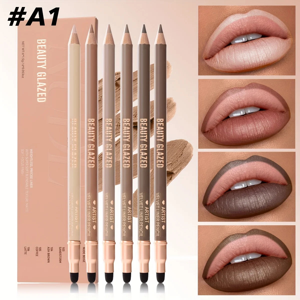 Beauty Glazed 6pcs Matte Nude Sponge Lip Liner Set Long-Lasting Silky Waterproof Texture Multi-Function Makeup Pens