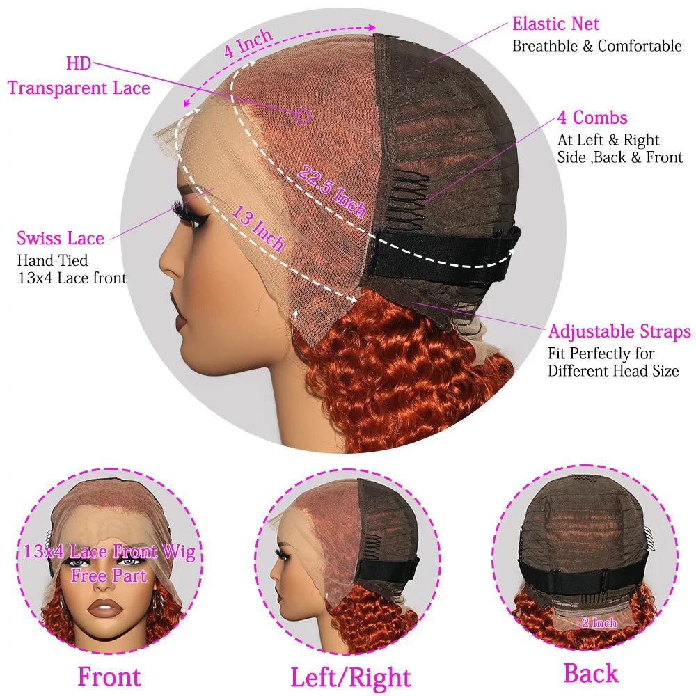 220 Density Ginger Brown Bob Wig 100% Human Hair Transparent Deep Wave 13x4 Lace Frontal Wigs Highlight Curly Short Bob Wig