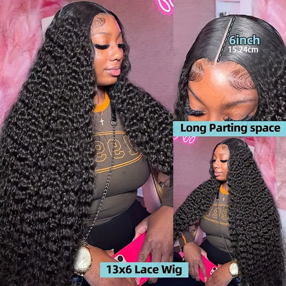 250% 13x6 HD Lace Front Wig Pre Plucked Pre Bleached Transparent Lace Frontal Wig with Baby Hair Deep Curly Wave Human Hair Wigs