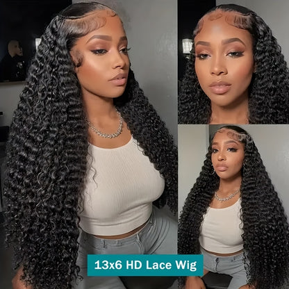 250% 13x6 HD Lace Front Wig Pre Plucked Pre Bleached Transparent Lace Frontal Wig with Baby Hair Deep Curly Wave Human Hair Wigs