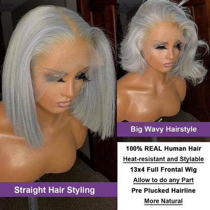 Short Bob Cut Straight Wigs Silver Grey Color Lace Front Wigs Brazilian Human Hair 13x4 Full Frontal Bob Wigs For Wholesale