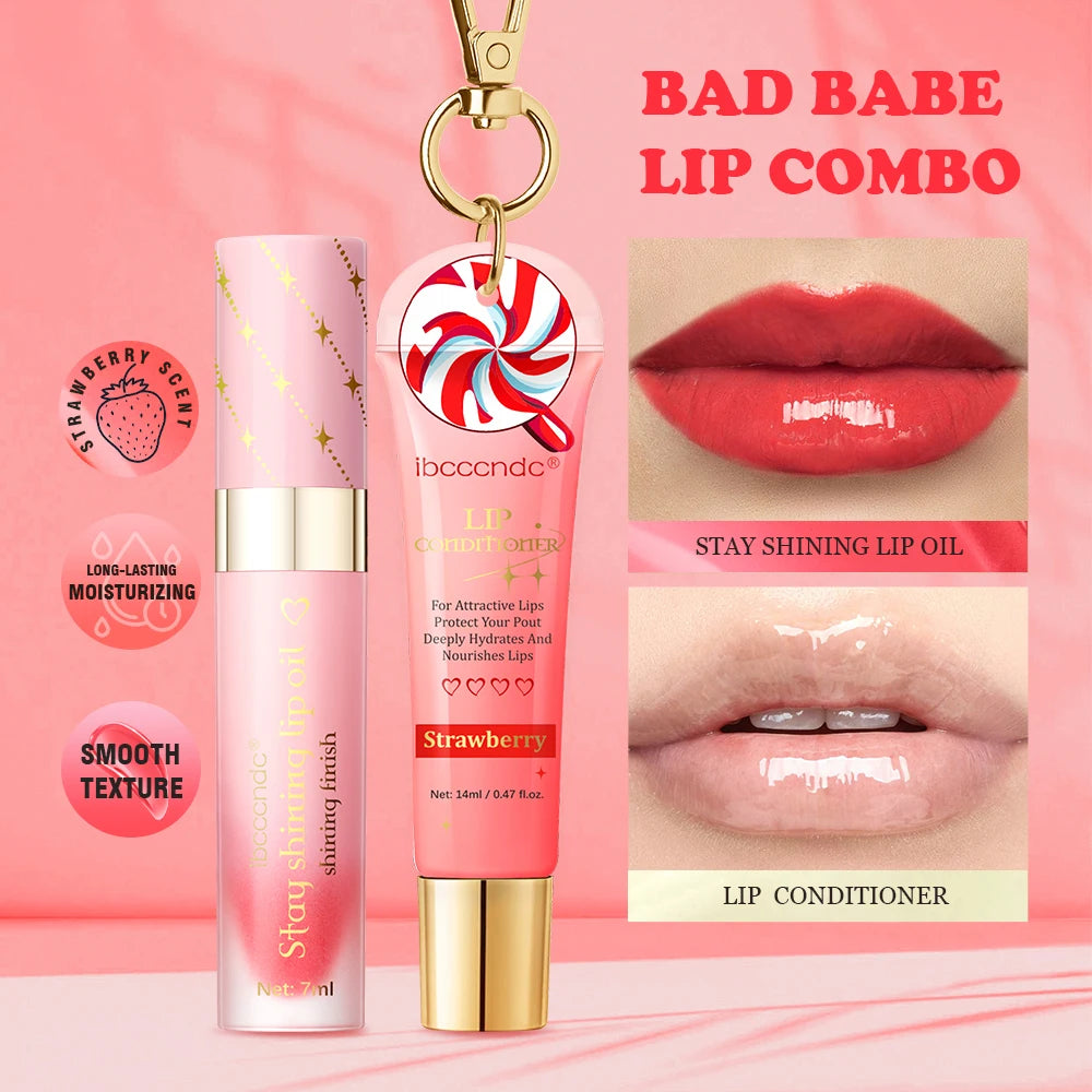 Strawberry Scent Lip Gloss Duo Combo with Keychain Long Lasting Nourish Plumper Lip Cosmetics Christmas Gift
