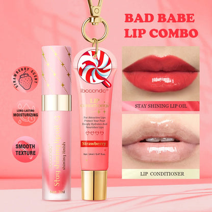 Strawberry Scent Lip Gloss Duo Combo with Keychain Long Lasting Nourish Plumper Lip Cosmetics Christmas Gift