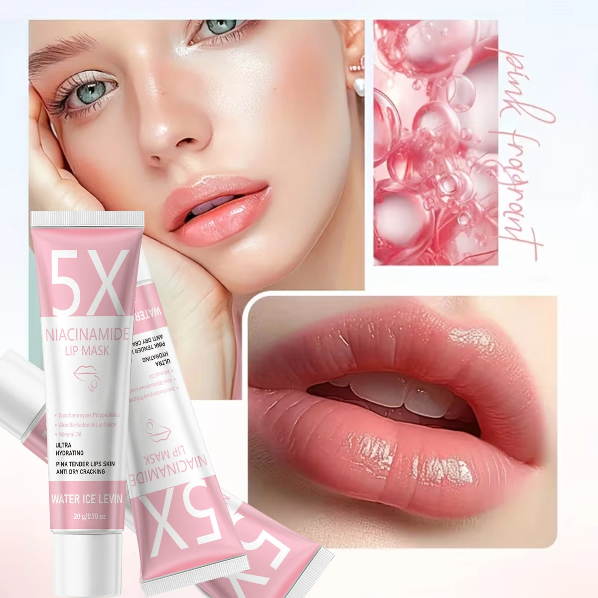 Ultra Lifting Lip Mask. Niacinamide Hydrating Formula. Ergonomic Massage Design. Transparent Gel Texture. Promotes Absorption.