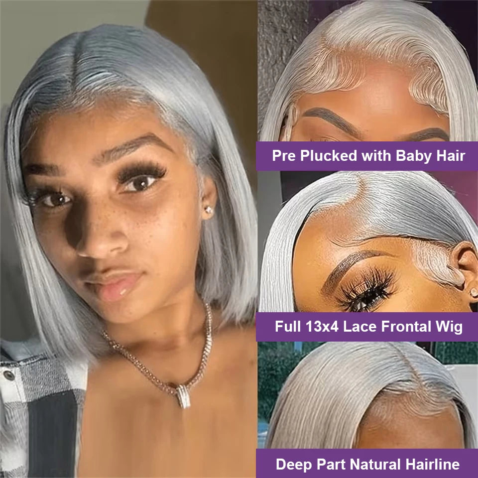 Short Bob Cut Straight Wigs Silver Grey Color Lace Front Wigs Brazilian Human Hair 13x4 Full Frontal Bob Wigs For Wholesale