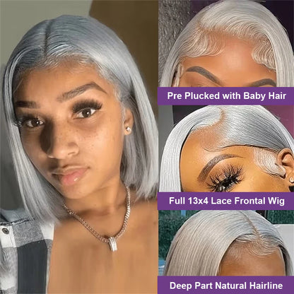 Short Bob Cut Straight Wigs Silver Grey Color Lace Front Wigs Brazilian Human Hair 13x4 Full Frontal Bob Wigs For Wholesale