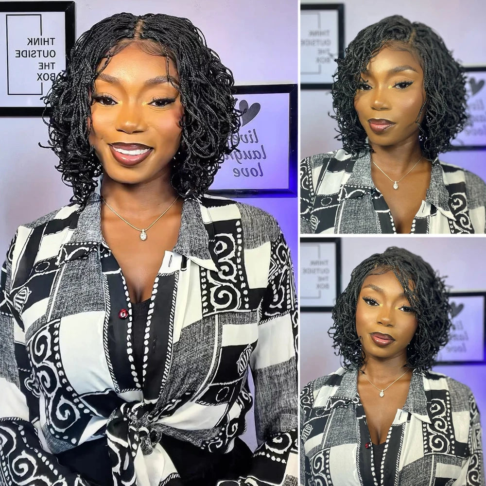 Double Full Lace Twist Box Braided Wigs for Black Women Short Curly Braided Bob Wig Synthetic Lace Front Wigs with Baby Hair