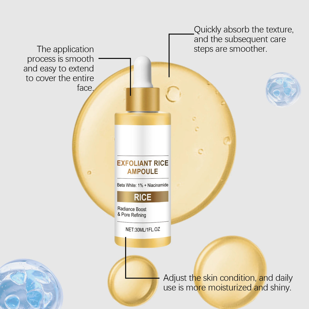 Rice Brightening Serum Light Non Sticky Refine Pores Conditioning Cuticle Boost Radiance Non Irritating Rice Exfoliating Ampoule