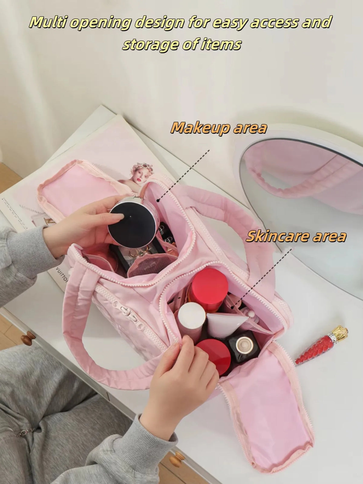 Multi-Compartment Quilted Simple and Stylish Solid Color Portable Travel Toiletry and Makeup Bag, Multifunctional Large Capacity Lightweight Soft Stain-Resistant Large Opening Toiletry Bag for Men and Women, with Dry and Wet