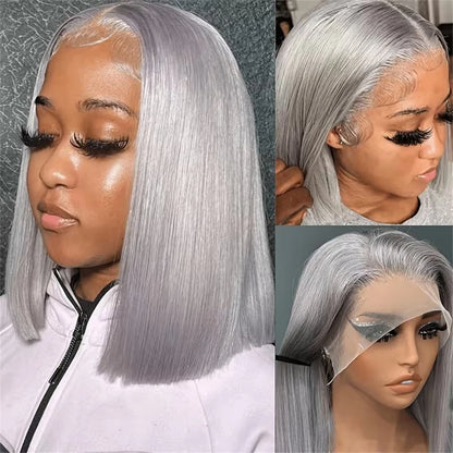Short Bob Cut Straight Wigs Silver Grey Color Lace Front Wigs Brazilian Human Hair 13x4 Full Frontal Bob Wigs For Wholesale