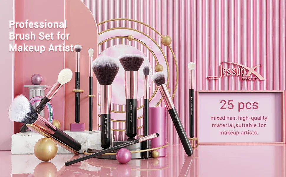 Jessup Makeup Brushes Set 10-25pcs Foundation Powder Eyeshadow Liner Brush Blending Highlighter Brocha Maquillaje RoseGold/Black