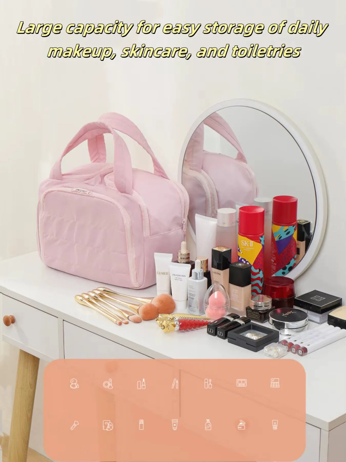 Multi-Compartment Quilted Simple and Stylish Solid Color Portable Travel Toiletry and Makeup Bag, Multifunctional Large Capacity Lightweight Soft Stain-Resistant Large Opening Toiletry Bag for Men and Women, with Dry and Wet