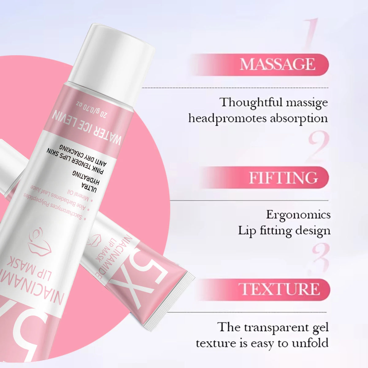 Ultra Lifting Lip Mask. Niacinamide Hydrating Formula. Ergonomic Massage Design. Transparent Gel Texture. Promotes Absorption.