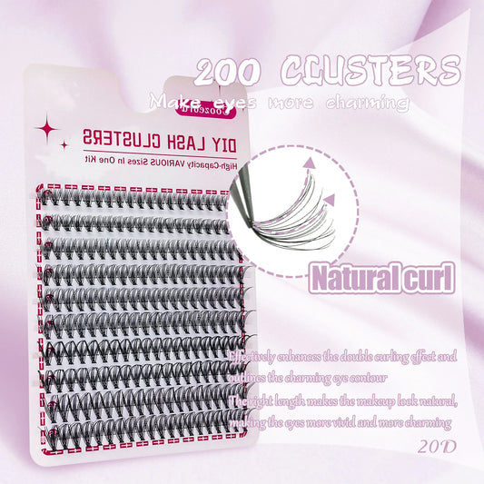 200 Clusters-DIY-10D20D Natural Eyelash Extensions, 9-16mm, Suitable for Travel/Christmas/Halloween