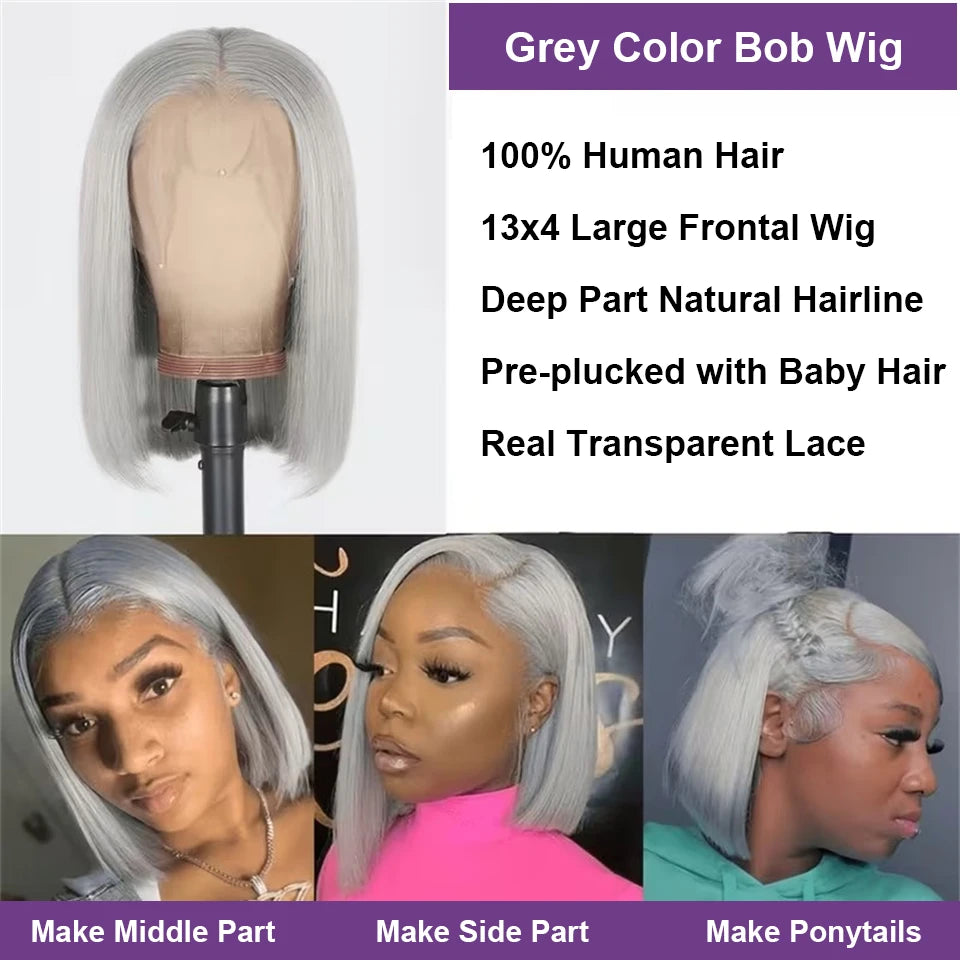 Short Bob Cut Straight Wigs Silver Grey Color Lace Front Wigs Brazilian Human Hair 13x4 Full Frontal Bob Wigs For Wholesale